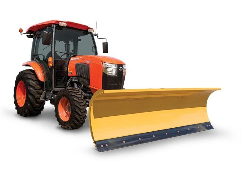 A kubota tractor with a Snow Snow Blade attached to it in front of a white background.